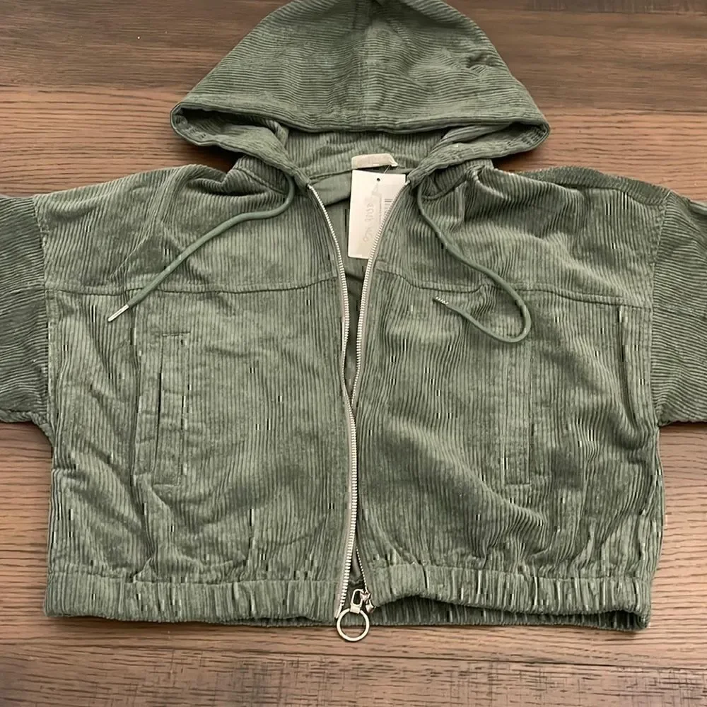 MADE With Love Olive Green Corduroy Cropped Hoodie Jacket